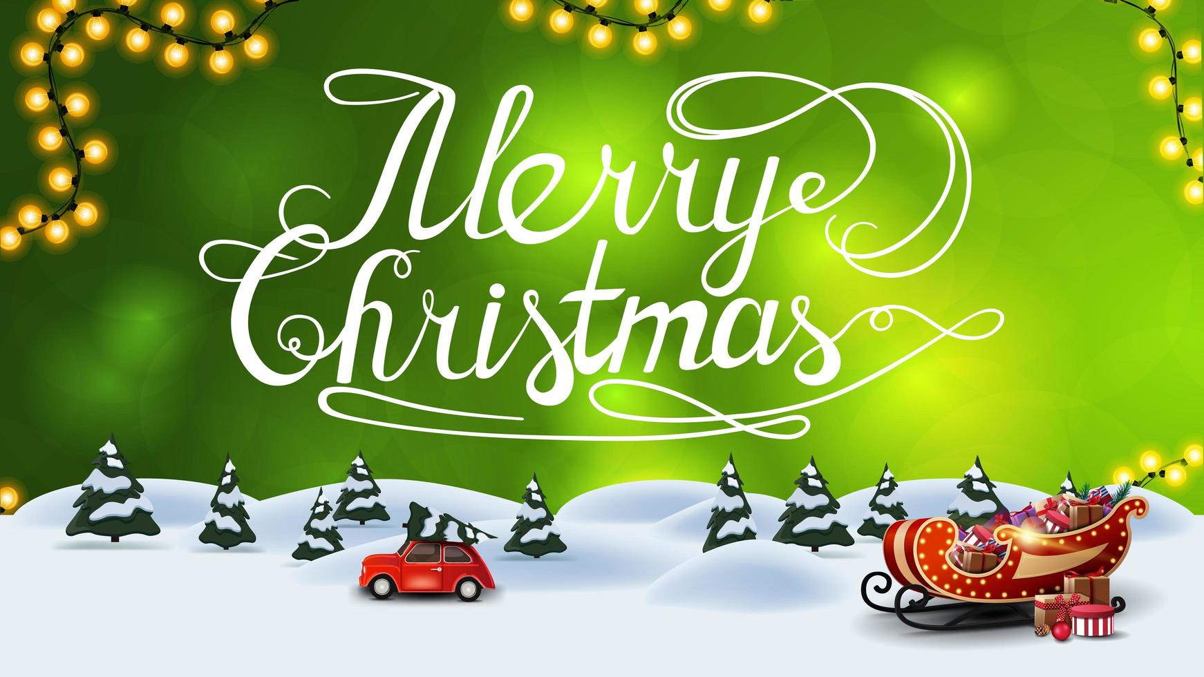 Feliz Navidad, postal verde con fondo borroso y paisaje invernal de dibujos animados con coche vintage rojo con árbol de Navidad y trineo de santa con regalos vector