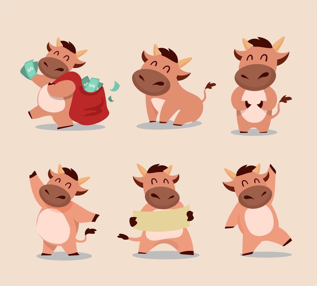 Cute bull character set. vector