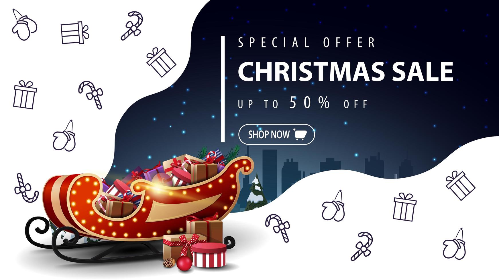 oferta especial, venta navideña, hasta 50 de descuento, hermoso banner de descuento blanco y azul con trineo de santa con regalos e íconos de líneas navideñas, imaginación espacial vector