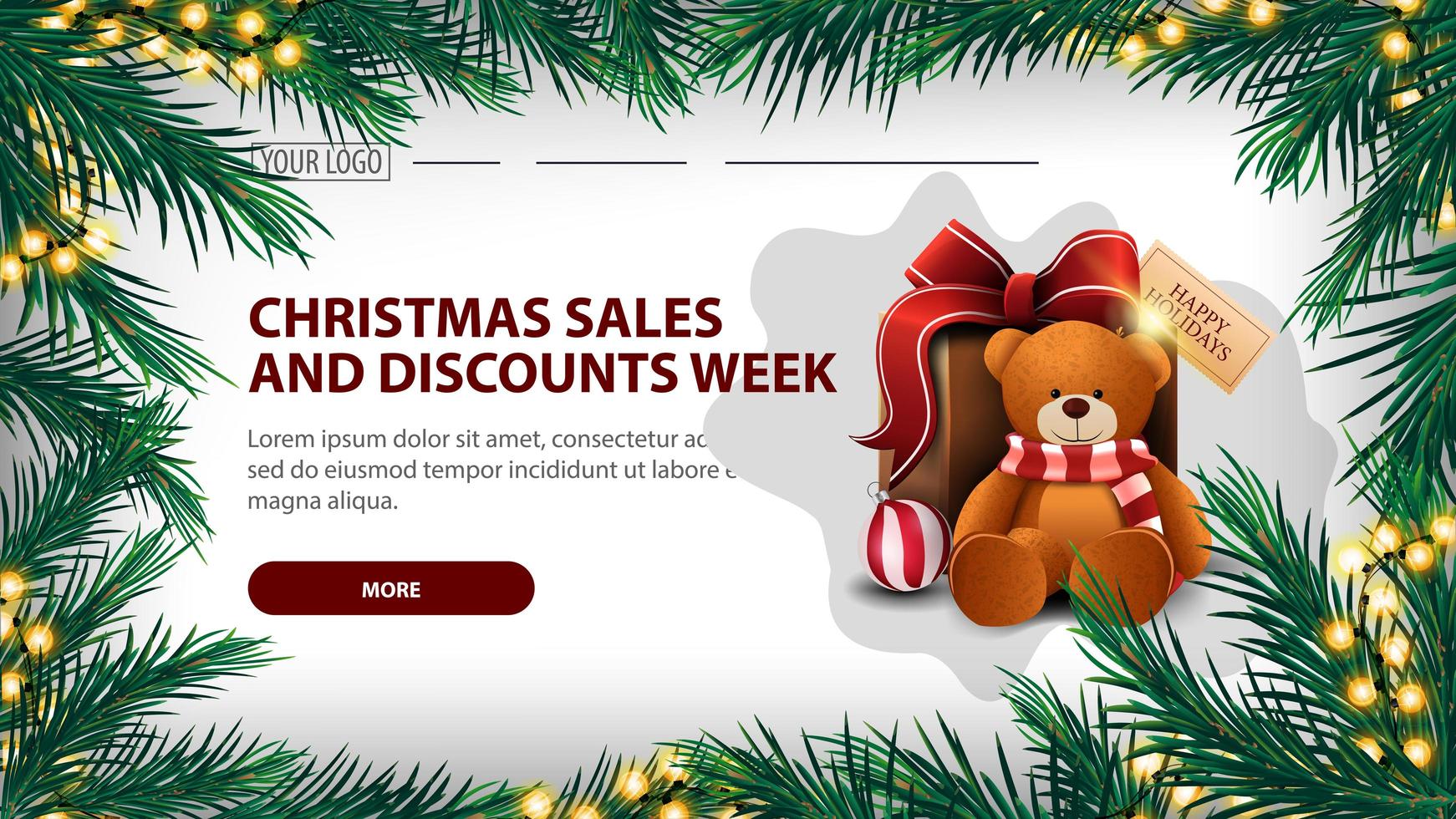 Christmas sales and discount week, white banner with garland of pine branches with yellow garland and present with Teddy bear vector