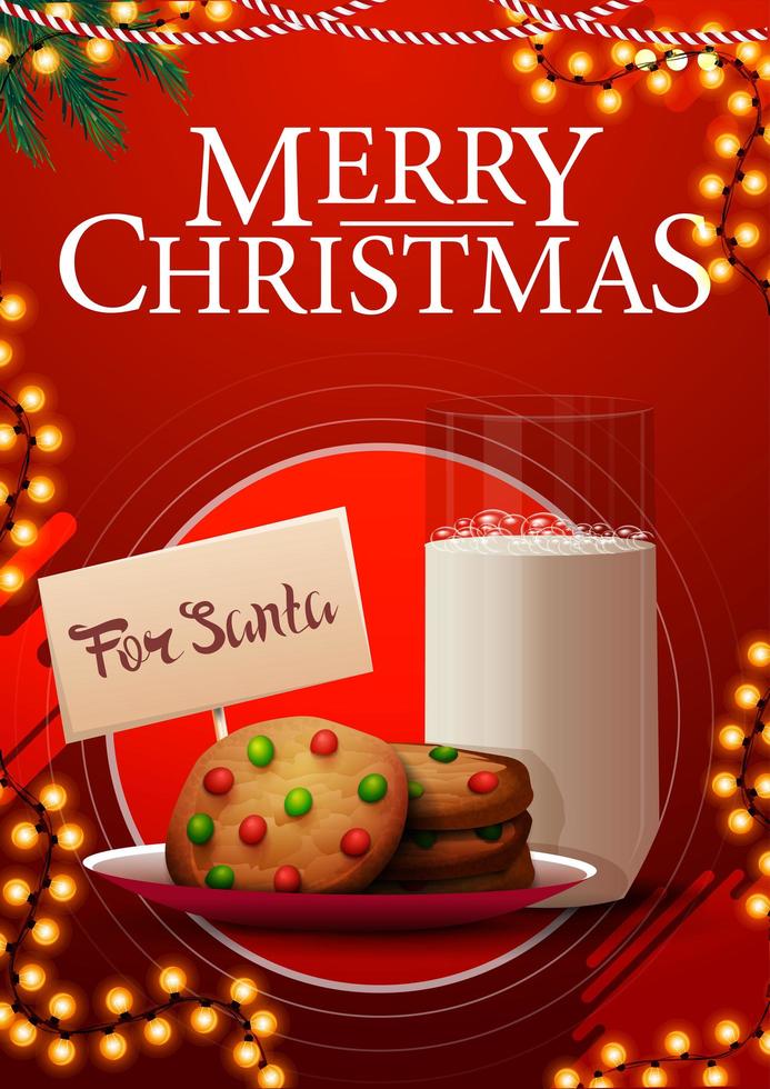 Postal navideña roja con guirnalda y galletas con un vaso de leche para santa claus vector