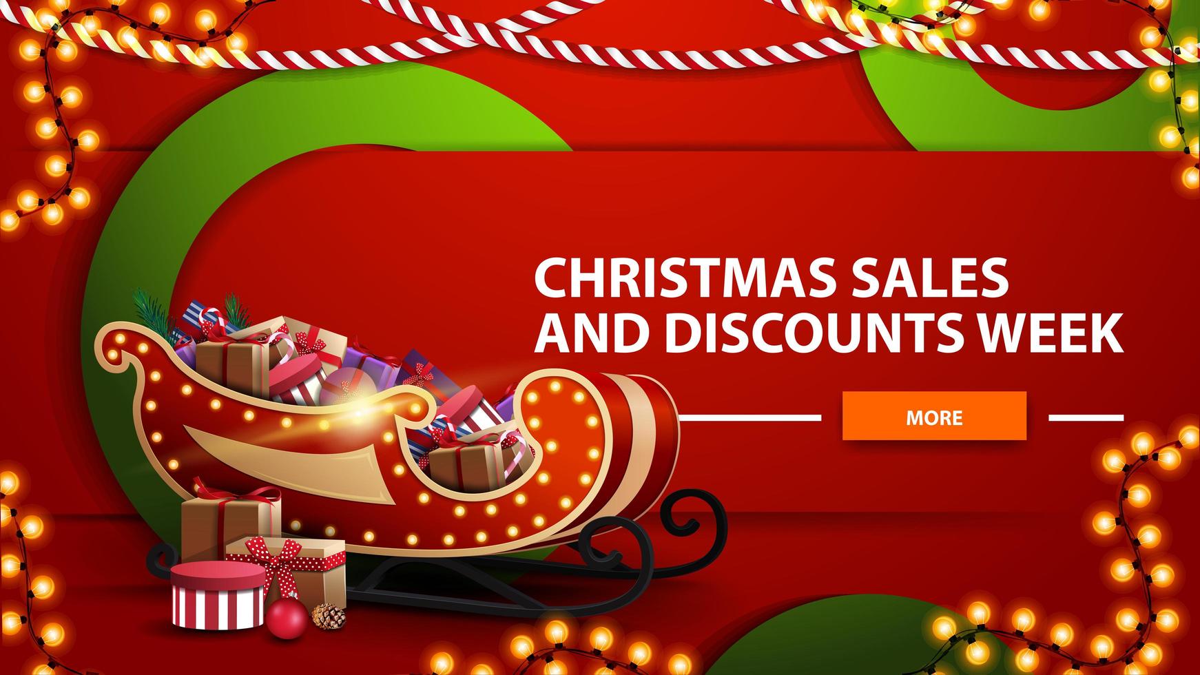 Venta de Navidad y semana de descuentos, banner web moderno horizontal rojo brillante con botón, grandes círculos verdes y trineo de santa con regalos vector