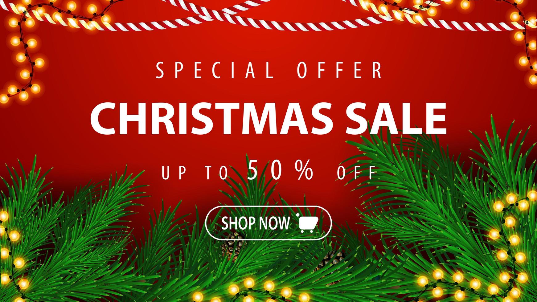 Special offer, Christmas sale, up to 50 off, beautiful red discount banner with Christmas tree branches and garlands vector