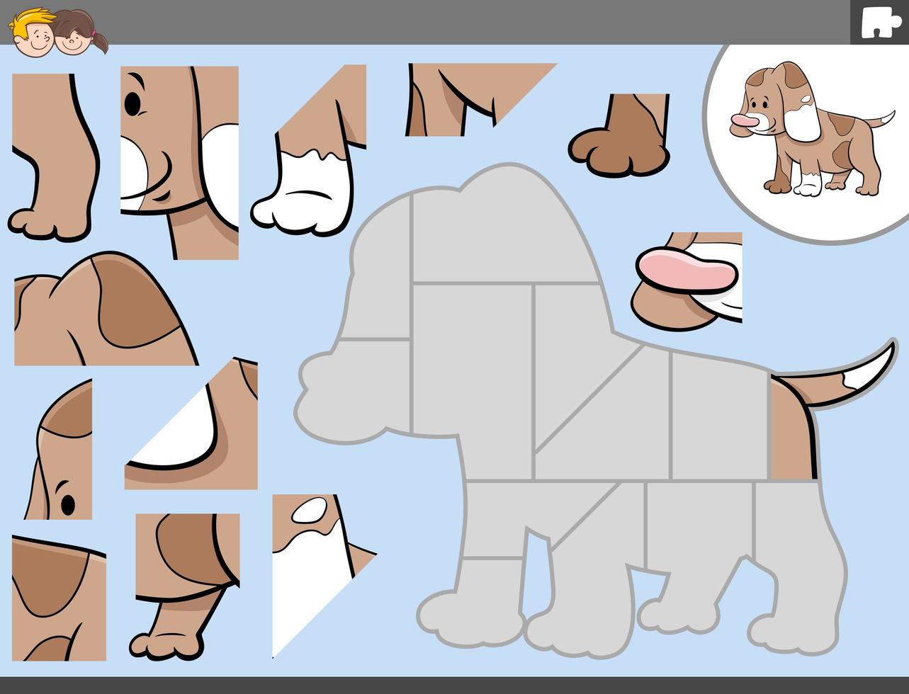 jigsaw puzzle game with cute puppy character vector