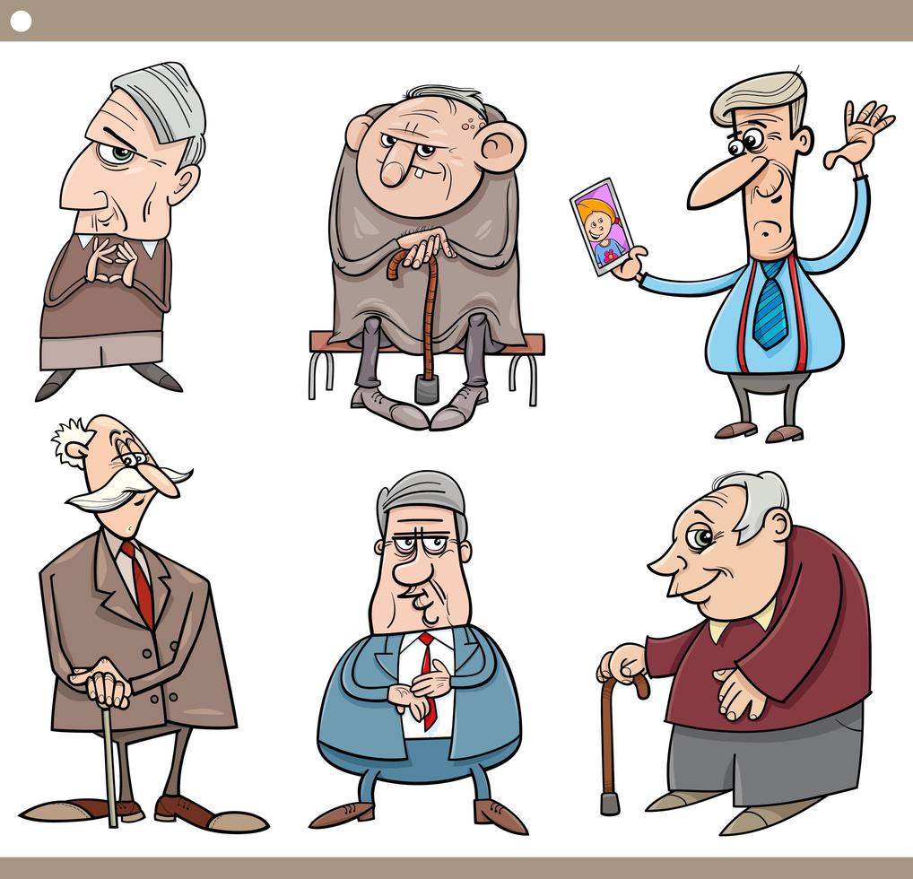 seniors people characters cartoon illustration set vector