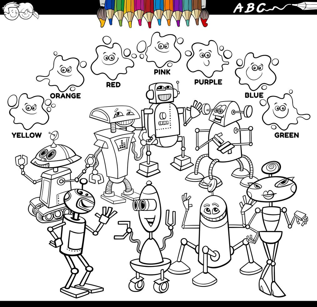 Libro de colores de colores básicos con personajes robot. vector