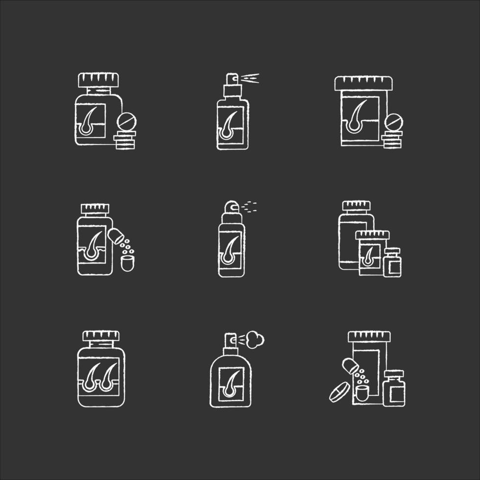 Hair loss chalk white icons set on black background. Medicament for alopecia. Vitamin supplements to help hair thinning. Medical pills, spray for baldness. Isolated vector chalkboard illustrations