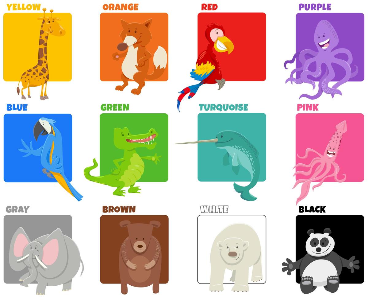 basic colors set with comic animal characters vector