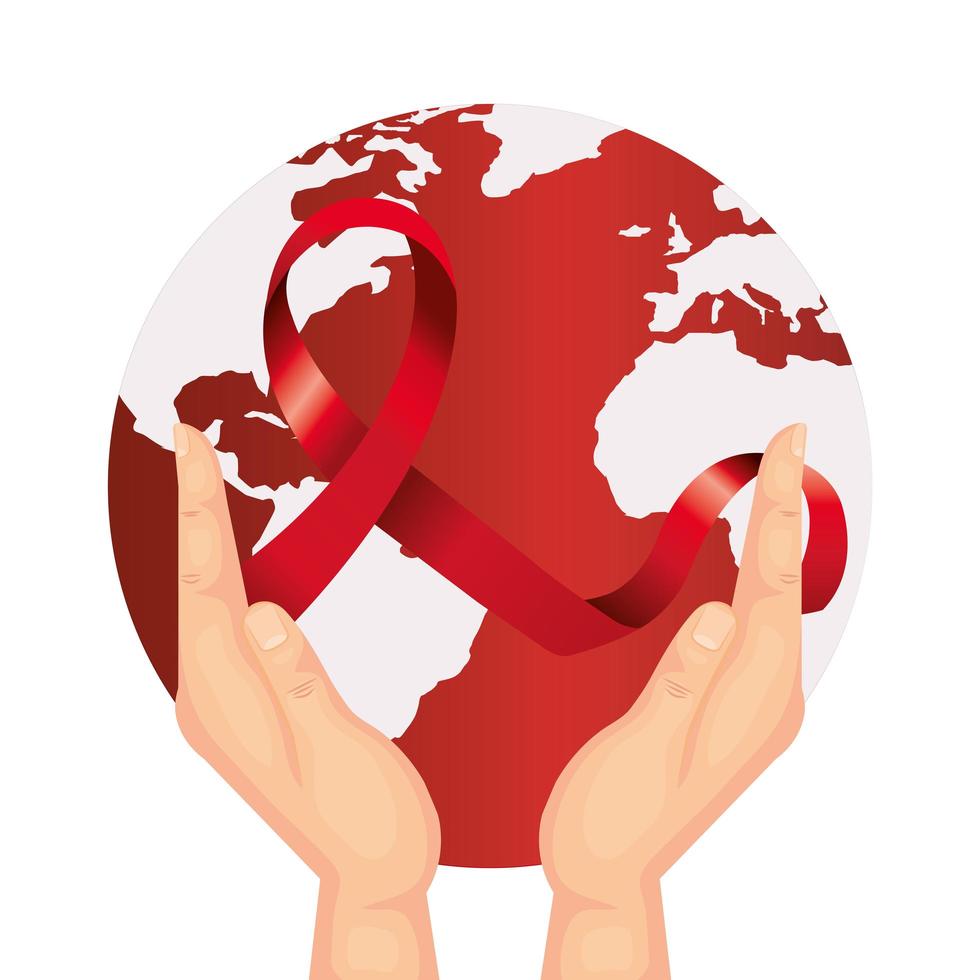 hands with aids day awareness ribbon and planet earth vector