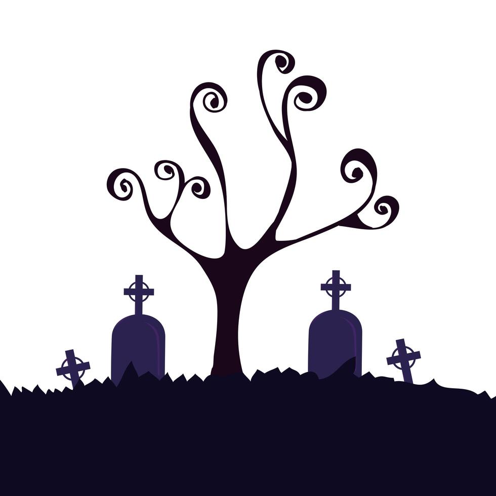 halloween dry tree with tombs in cemetery vector