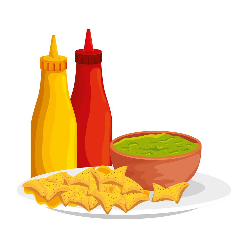 salsas con guacamole y nachos vector