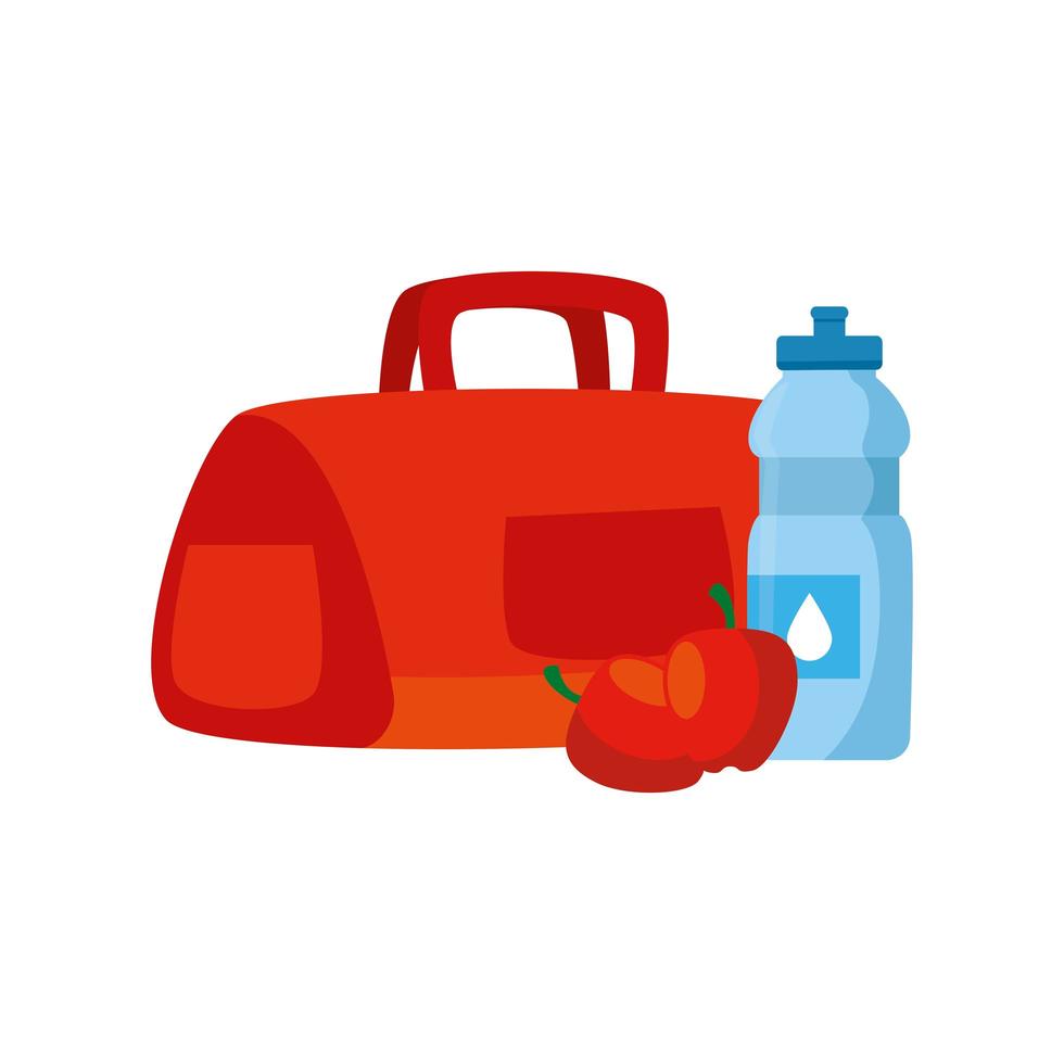 handbag gym with bottle water and apple vector