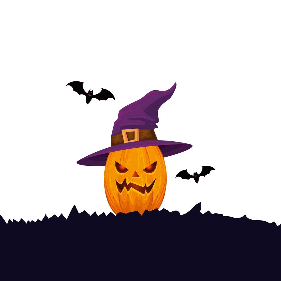 halloween pumpkin with witch hat and bats flying vector