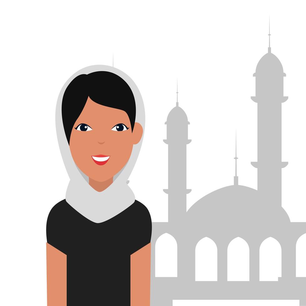 Mujer islámica con burka tradicional y edificio de mezquita. vector