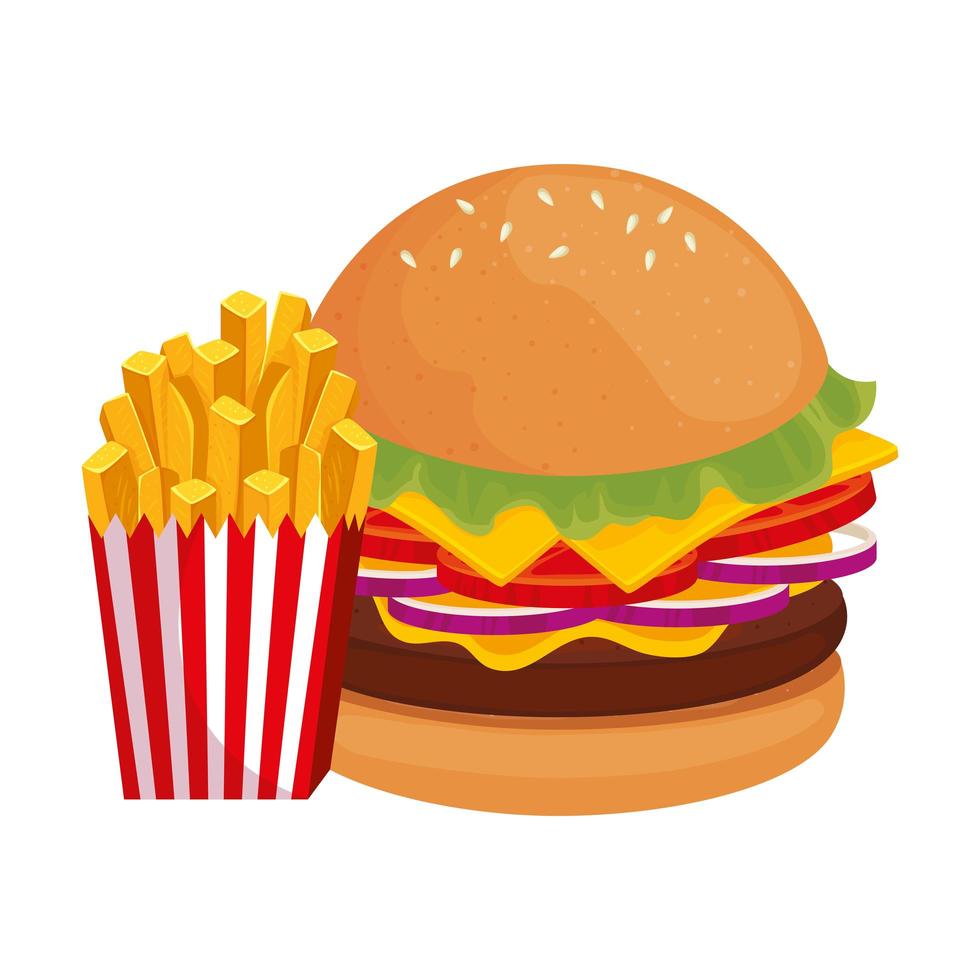 delicious burger with french fries fast food icon vector