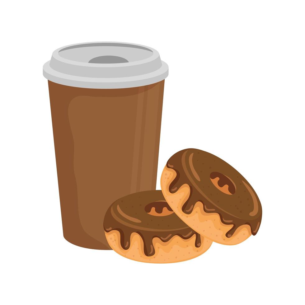 delicioso café en recipiente de plástico con donas vector