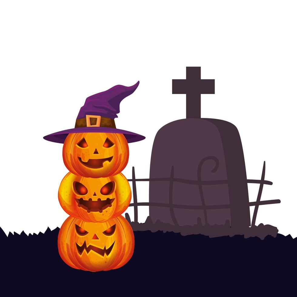 calabazas de halloween con sombrero de bruja y tumba vector