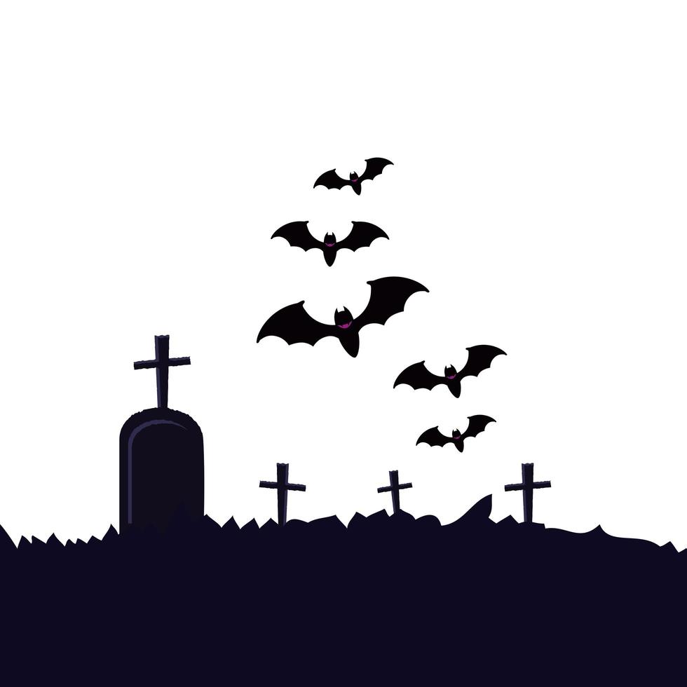 halloween tomb of cemetery with bats flying vector