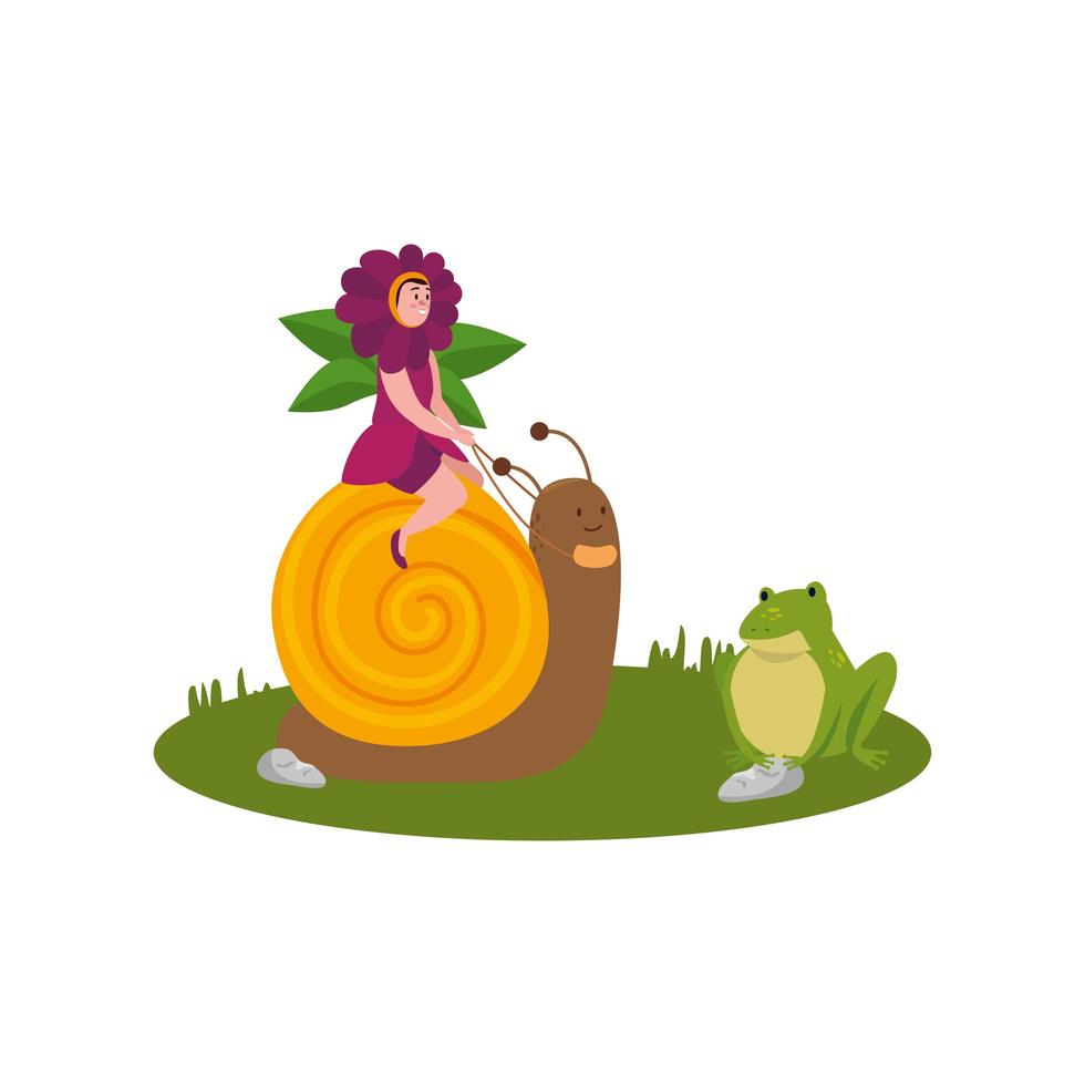 woman disguised of flower sitting in snail with toad vector