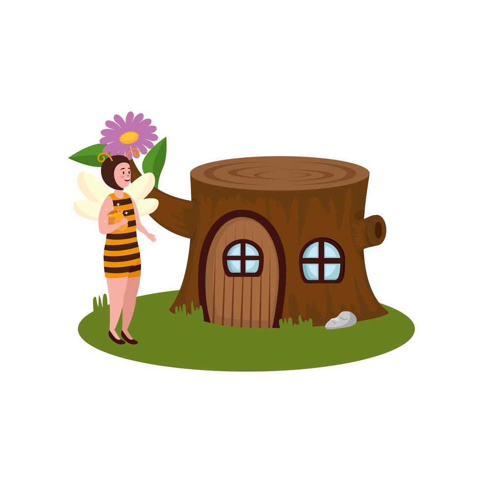 Mujer abeja disfrazada con casa en el árbol vector