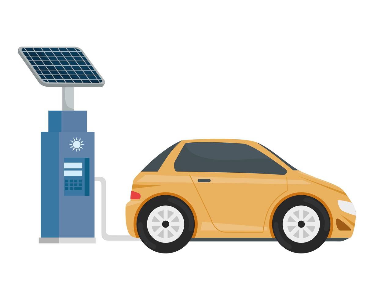 Estación de servicio de ecología eléctrica con coche amarillo. vector