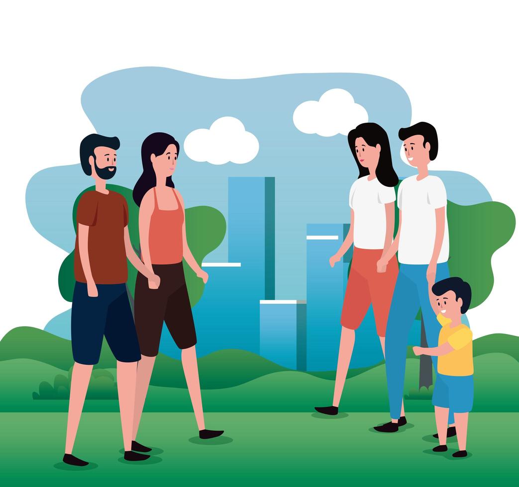 group of parents with little son on the park characters vector