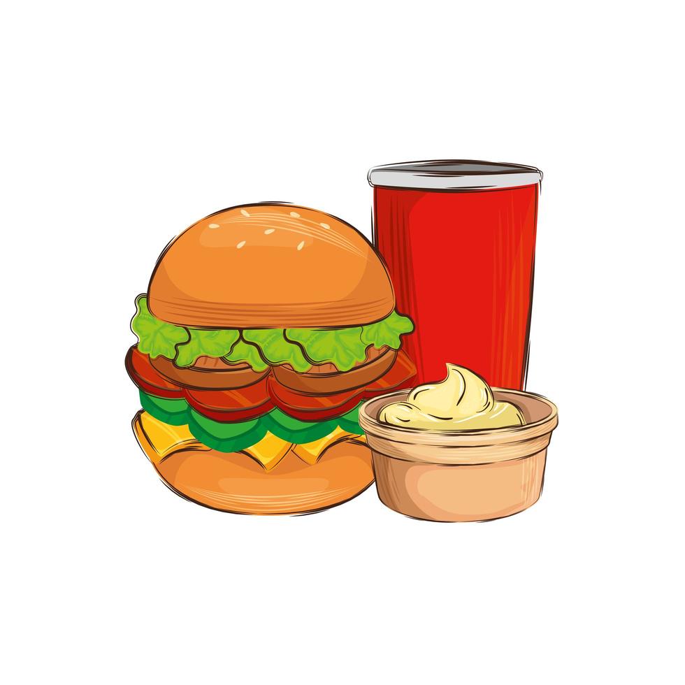 Deliciosa hamburguesa con bebida icono aislado vector