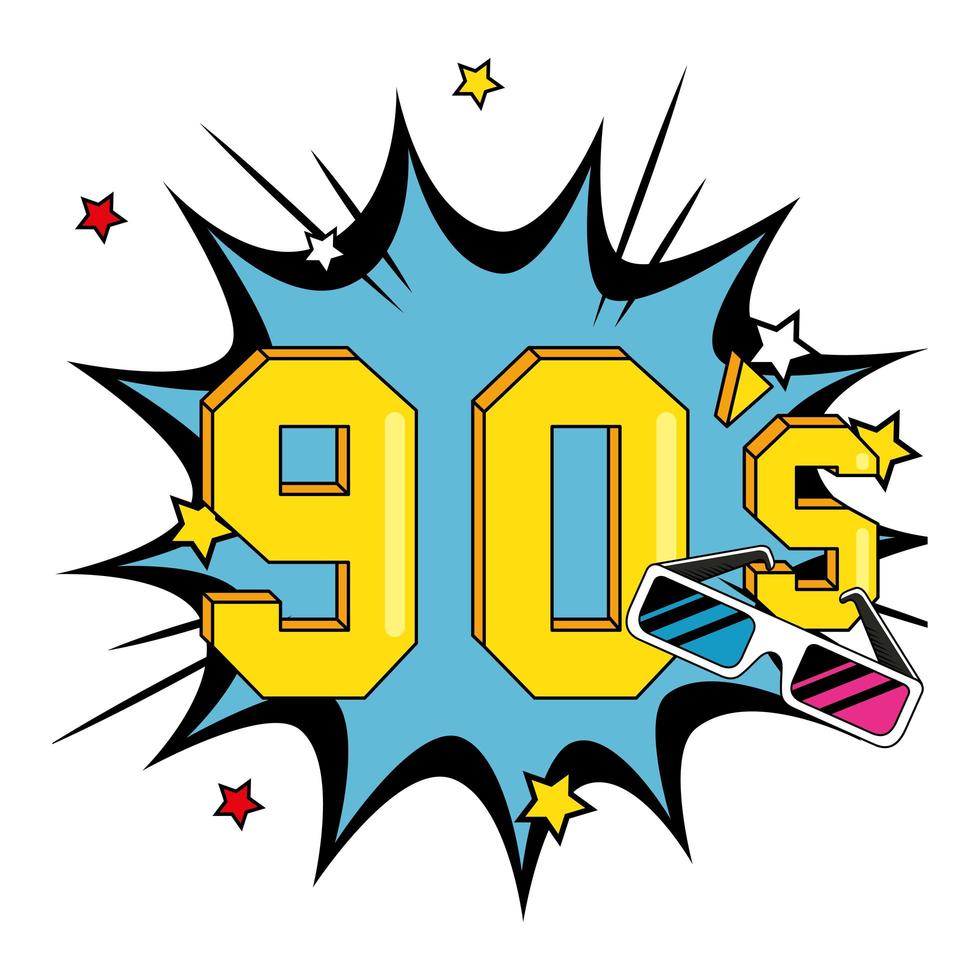 nineties sign with glasses in explosion pop art vector