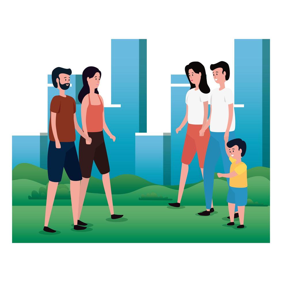 group of parents with little son on the park characters vector