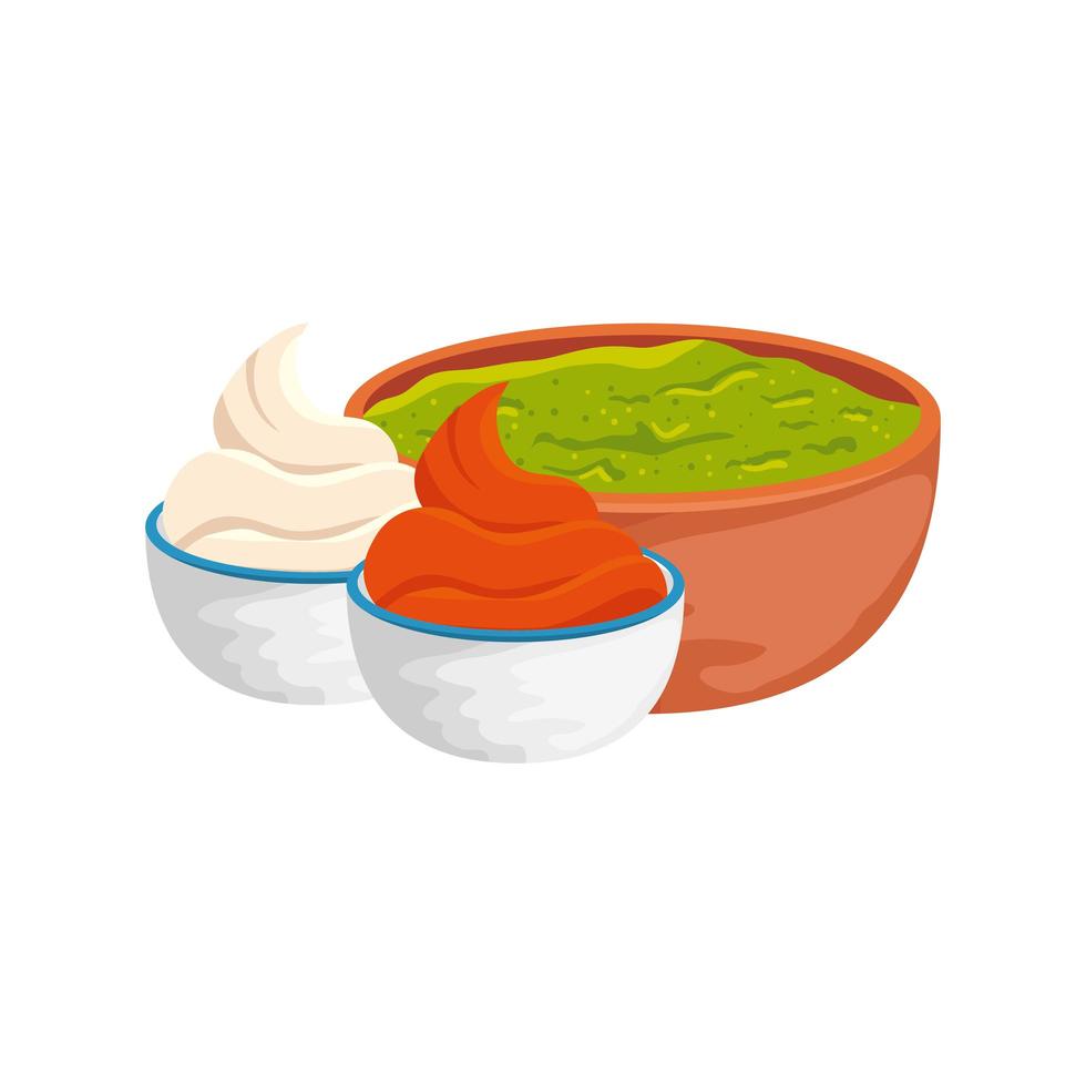 Cuenco con delicioso guacamole y salsas icono aislado vector