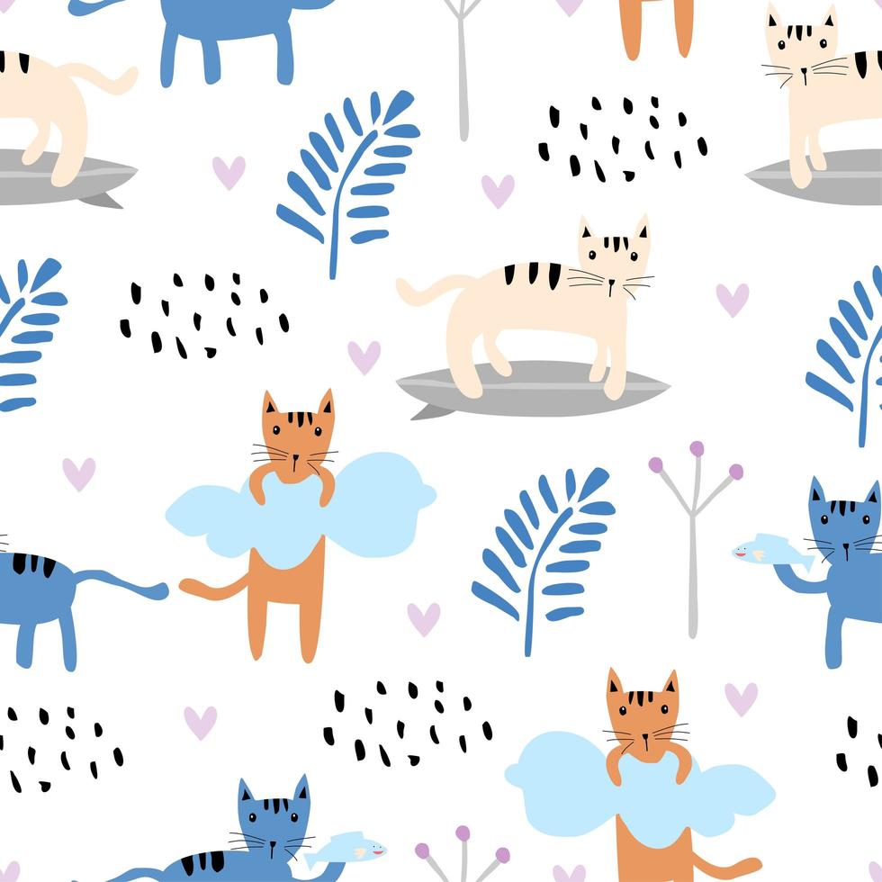 Seamless pattern with cute cat colorful Kittens. Creative childish texture. Great for fabric, textile Vector Illustration.