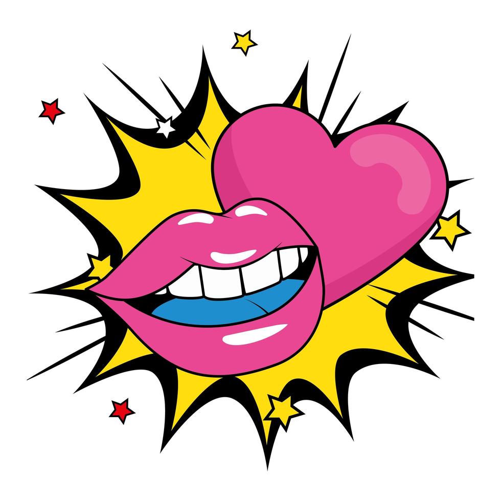 labios sexy con corazón en explosión pop art vector