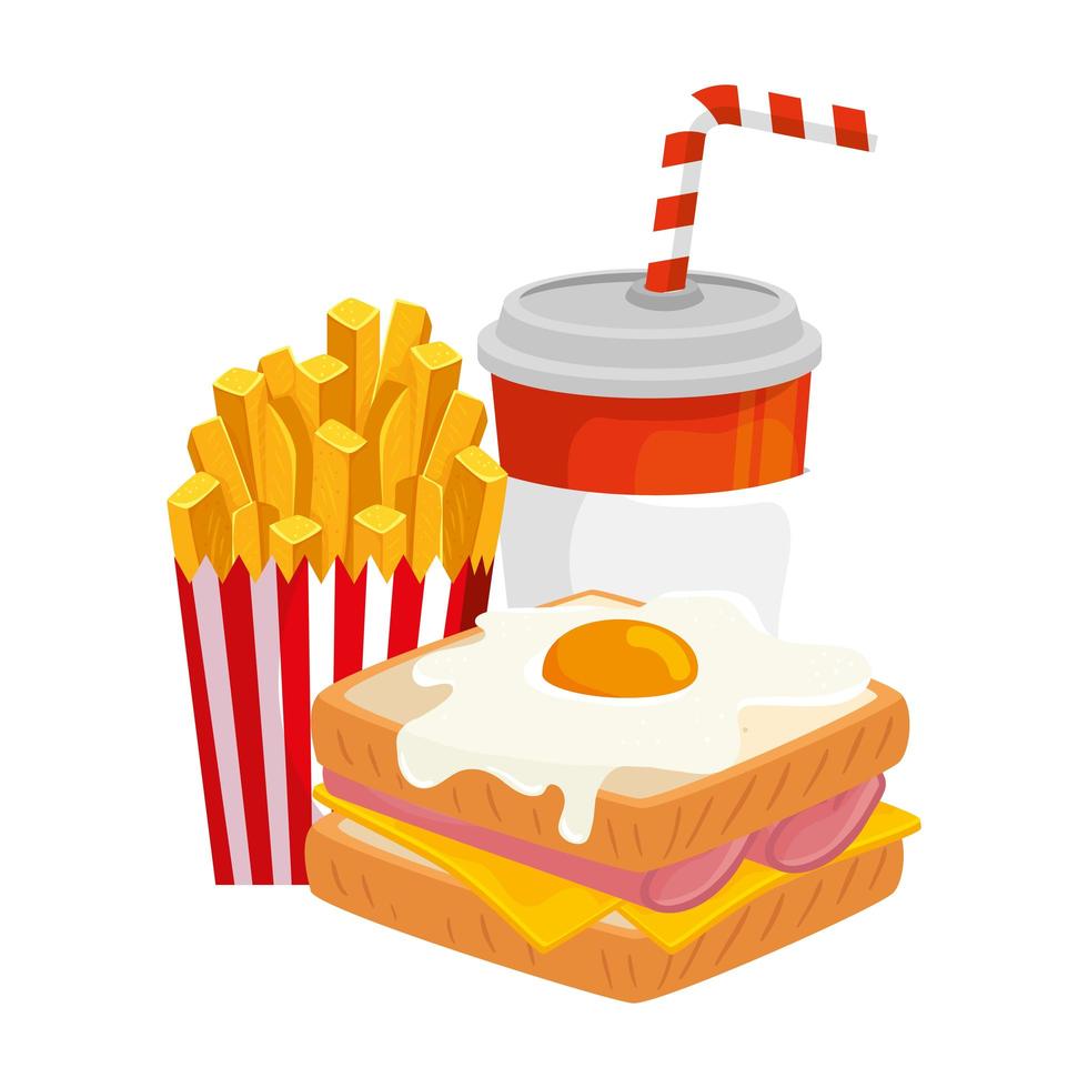 Delicioso sándwich con huevo frito y bebida icono aislado vector