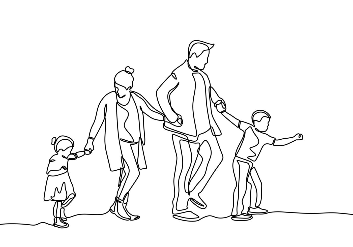 Continuous line drawing of family members. Father, mother, daughter, and son holding hands together. vector