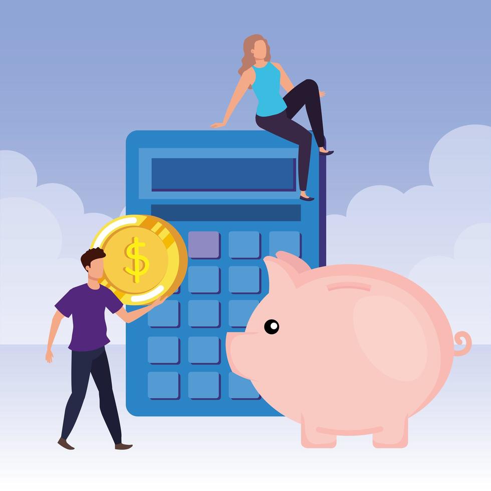 young couple with calculator and piggy vector