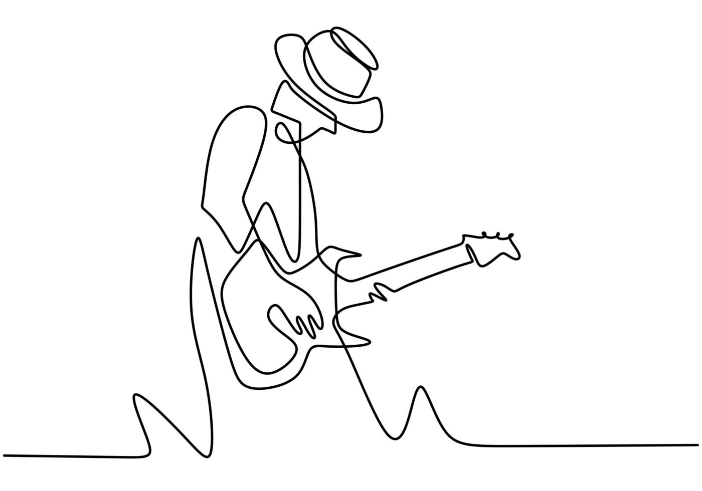 Continuous one line drawing of a man with acoustic guitar playing good sound. Perform to entertain the audience. Enjoy with music. Performer concept continuous one line drawing. Vector illustration