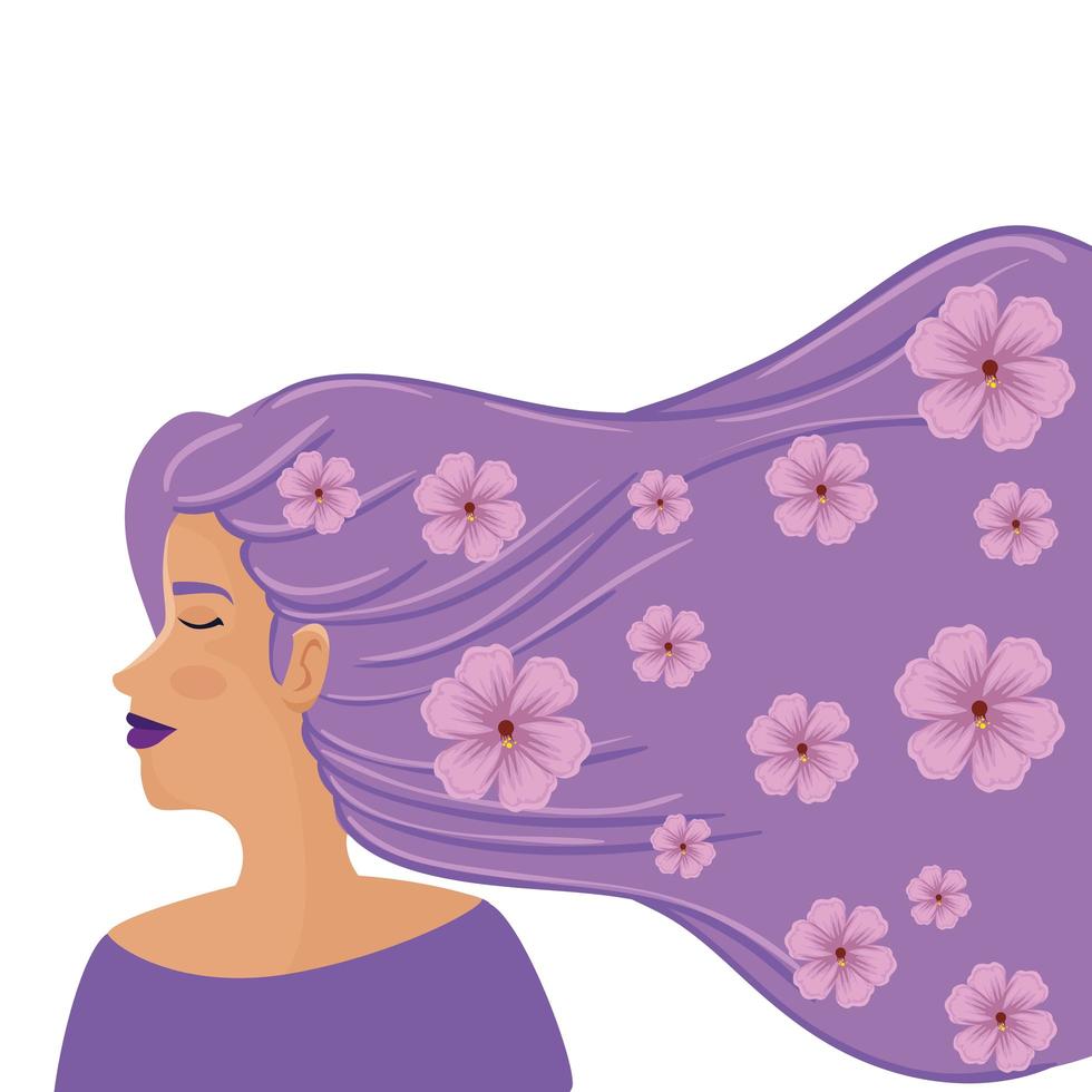 hermosa mujer con cabello morado y flores vector