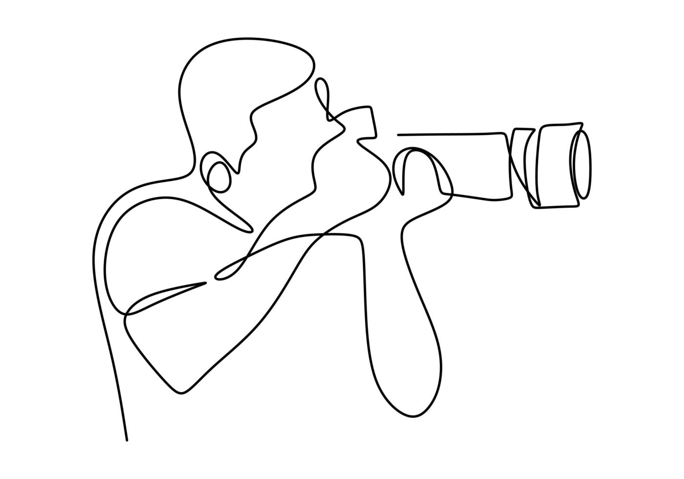 Man photographer with a camera takes pictures outdoors. Continuous line drawing of a black outline of a journalist or photographer at work. For animation. Vector monochrome, drawing by lines.