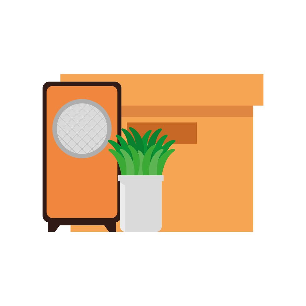 speaker sound with houseplant and box carton vector