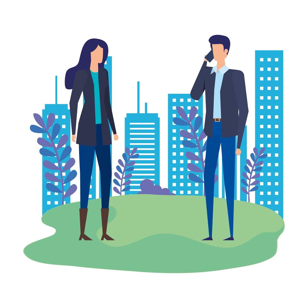 business couple calling with cellphone in the park vector