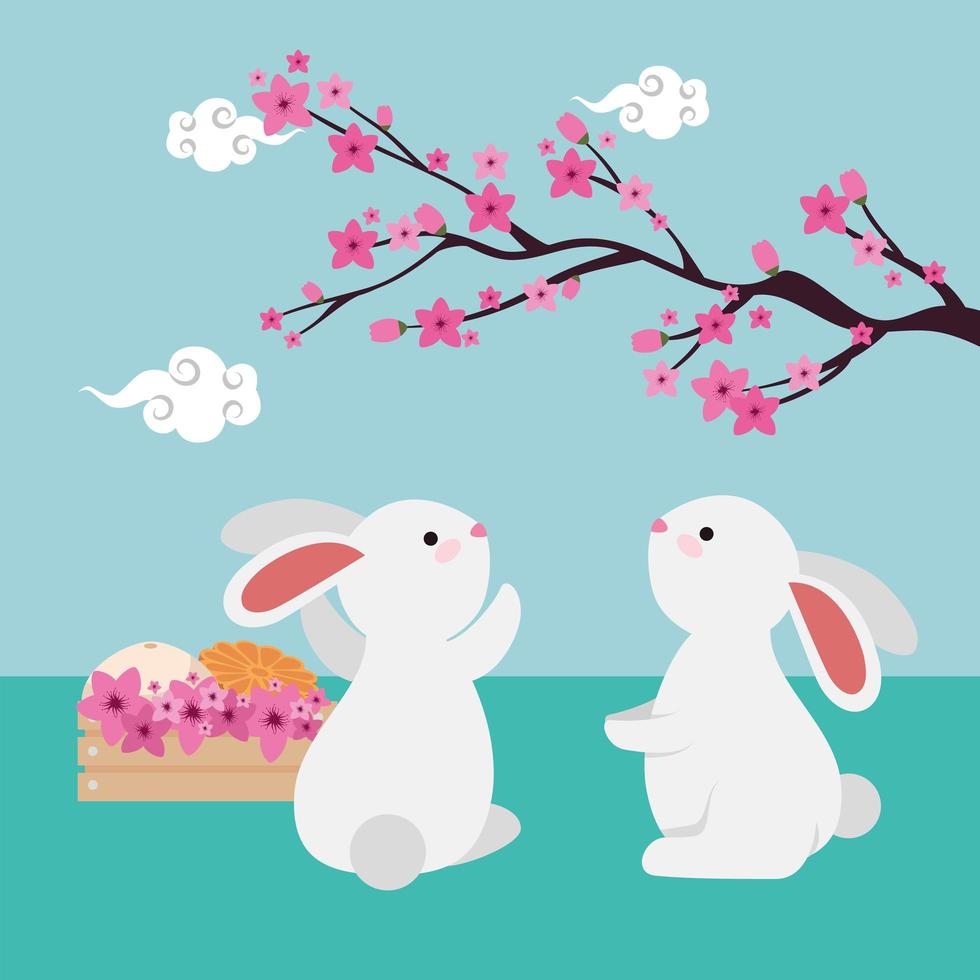 rabbits couple with chinese tree branch and flowers vector