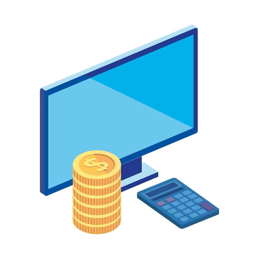 computer desktop with pile coins and calculator math vector