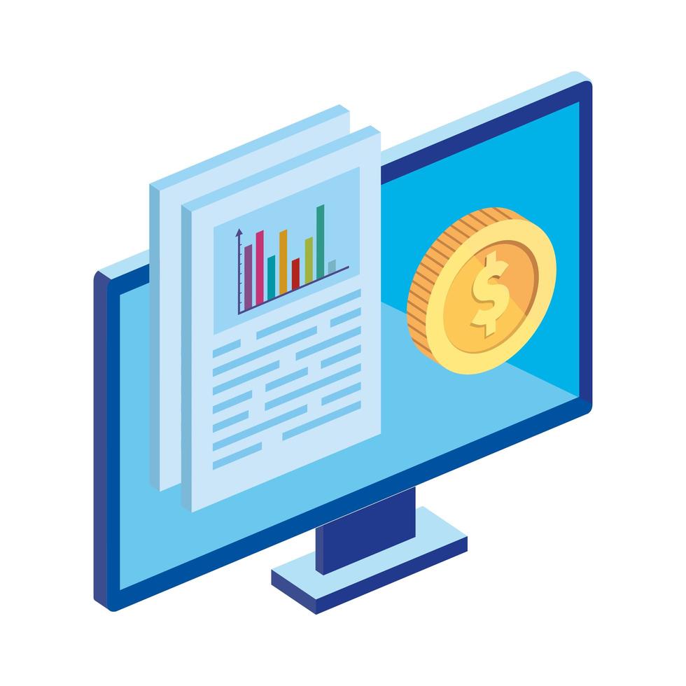 computadora de escritorio con infografía y moneda vector