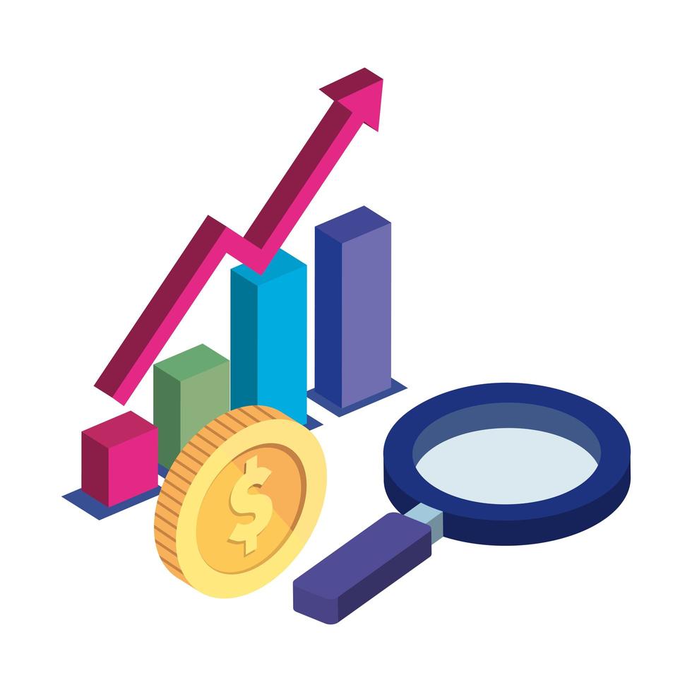 barras estadísticas con lupa y moneda vector