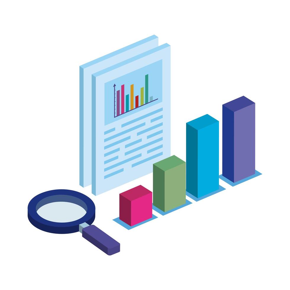 document with bars statistical and magnifying glass isolated icon vector