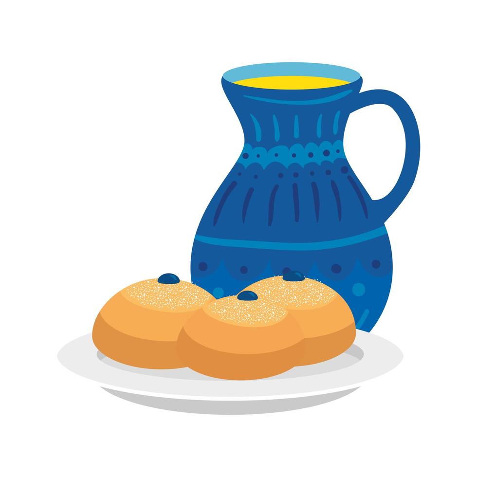 set of round breads with teapot isolated icon vector