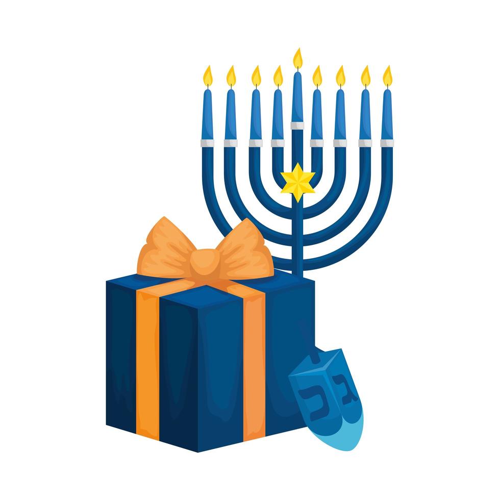 juego de dreidel con caja de regalo y candelabro vector