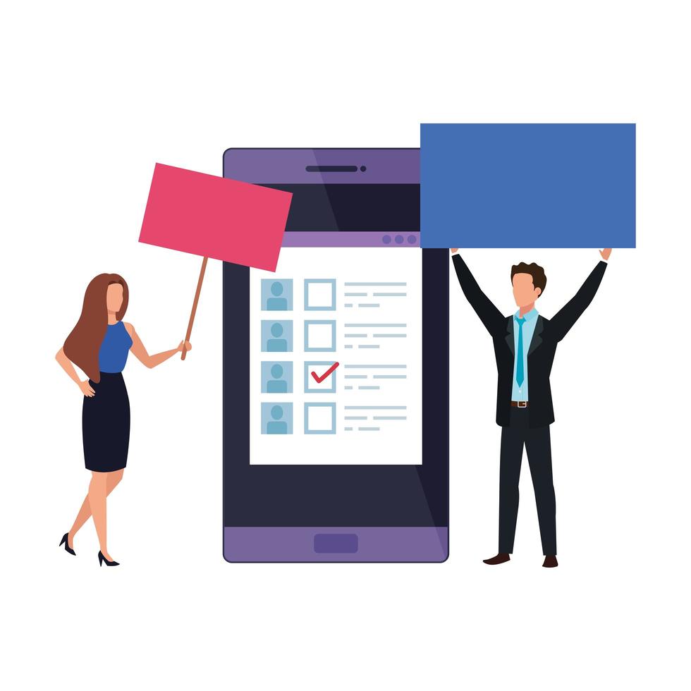 business couple with smartphone for vote online vector