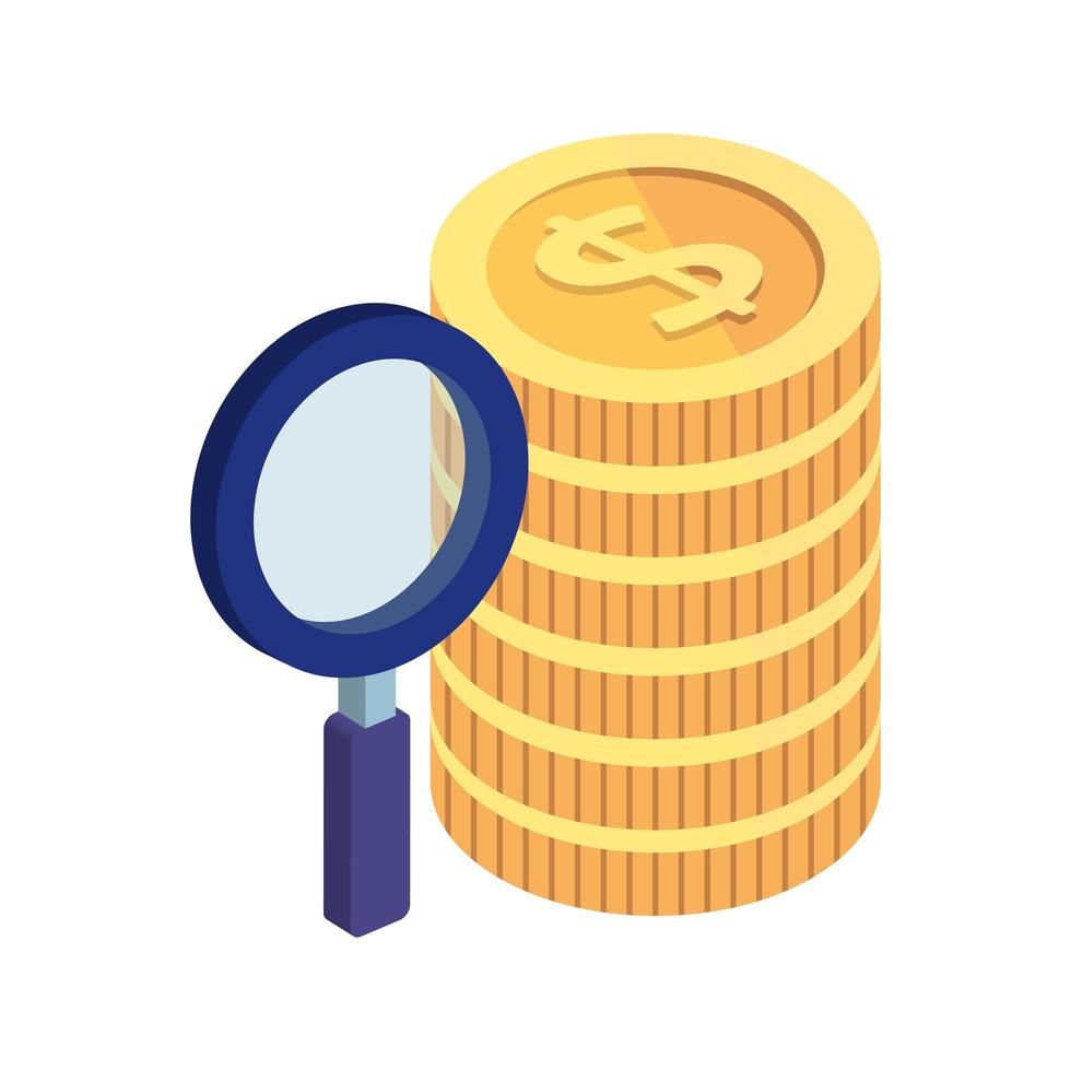 pile of coins with magnifying glass isolated icon vector