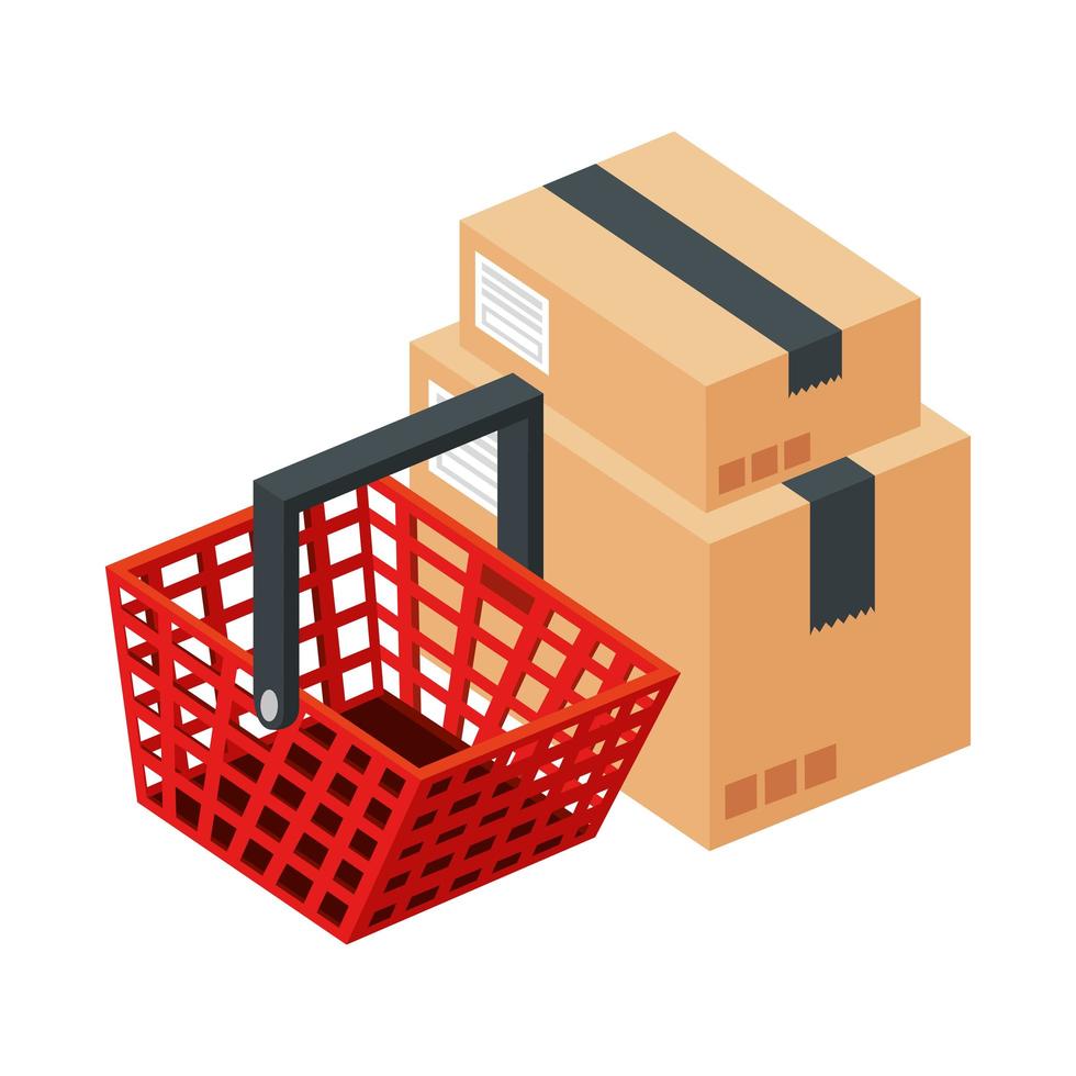 Cesta de compras con cajas icono aislado de paquetes vector